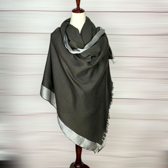 NWOT Echo Large Blanket Scarf Wool Blend Dark Army Green with Silver Trim 74x38” - Picture 5 of 8